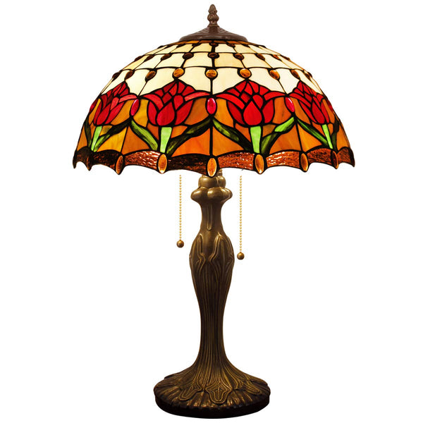 Tiffany Table Lamp Red Stained Glass Tulip 16-Inch