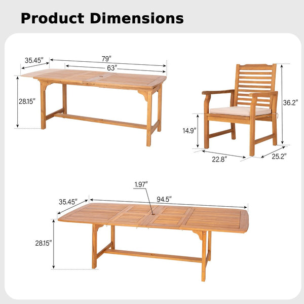 Expandable Acacia Wood Outdoor Dining Table Set with Chairs