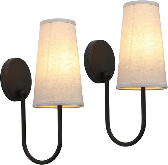 Set of 2 Linen Fabric Wall Sconces – Hardwired Curved Arm Vanity Light