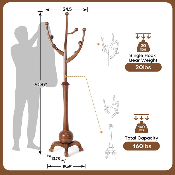 Wooden Coat Rack Freestanding with 8 Hooks