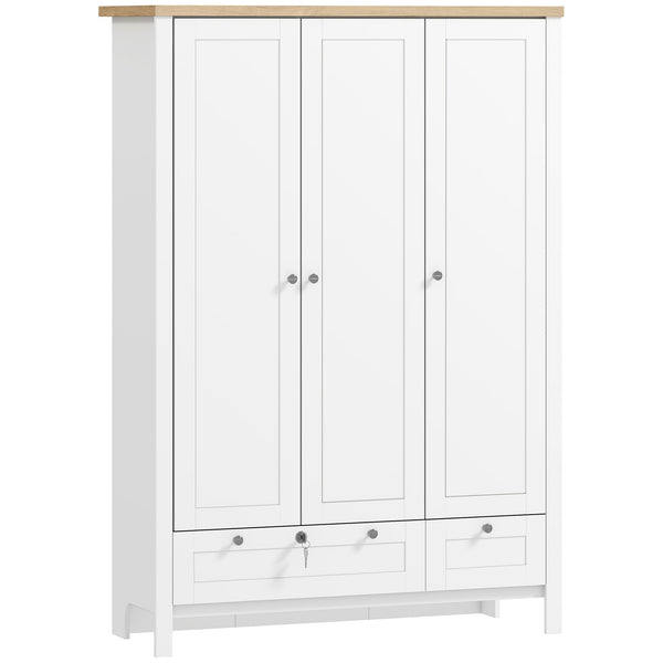 3-Door Armoire Wardrobe Closet with 2 Drawers and Hanging Rod
