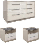 AMERLIFE 4 Piece Bedroom Furniture Set, 2 Nightstands with Charging Station, 8 Drawer Dresser with LED Light & 5 Drawer Chest, Modern High Gloss UV Finish, Bedroom Storage Organizer, Cream & Grey