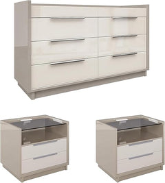 AMERLIFE 4 Piece Bedroom Furniture Set, 2 Nightstands with Charging Station, 8 Drawer Dresser with LED Light & 5 Drawer Chest, Modern High Gloss UV Finish, Bedroom Storage Organizer, Cream & Grey