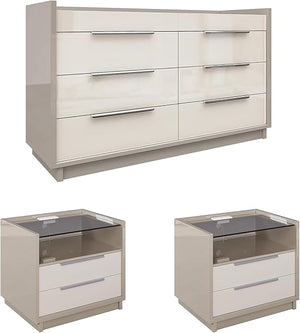 AMERLIFE 4 Piece Bedroom Furniture Set, 2 Nightstands with Charging Station, 8 Drawer Dresser with LED Light & 5 Drawer Chest, Modern High Gloss UV Finish, Bedroom Storage Organizer, Cream & Grey