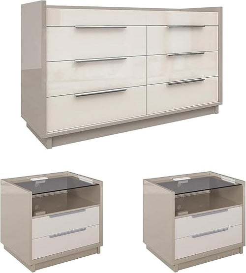 AMERLIFE 4 Piece Bedroom Furniture Set, 2 Nightstands with Charging Station, 8 Drawer Dresser with LED Light & 5 Drawer Chest, Modern High Gloss UV Finish, Bedroom Storage Organizer, Cream & Grey