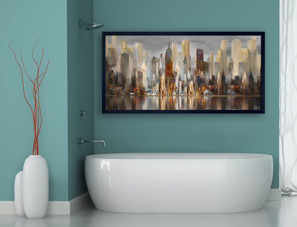 New York Cityscape Framed Canvas Wall Art – 29x58 Brown Abstract