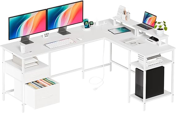L-Shaped Gaming & Home Office Desk with Charging Station
