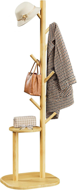 Freestanding Hall Tree Coat Rack with 8 Hooks & Storage Shelf