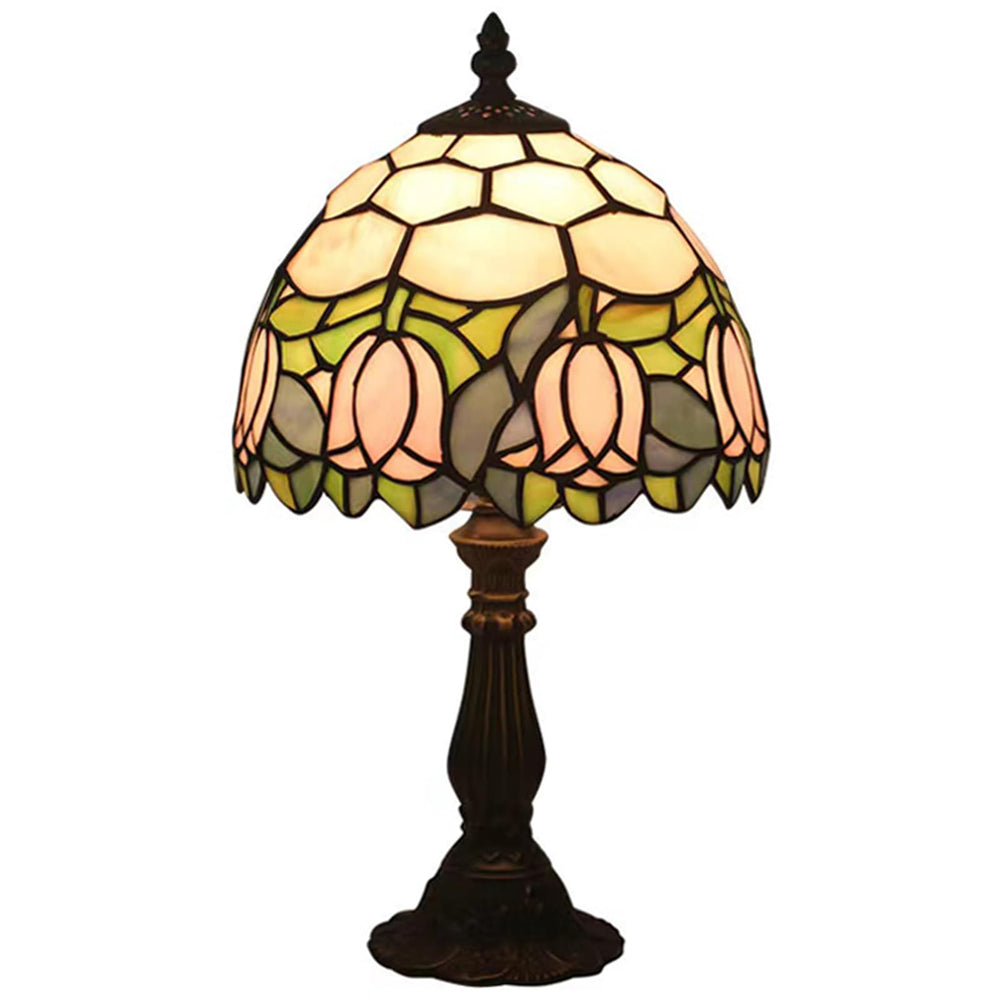 Tiffany Style Stained Glass Table Lamp with Pink Tulip Pattern