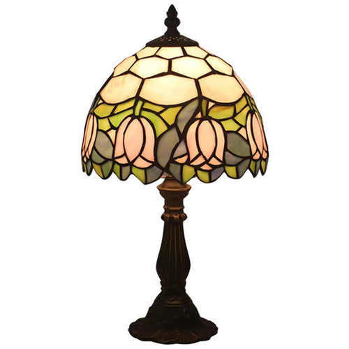Tiffany Style Stained Glass Table Lamp with Pink Tulip Pattern