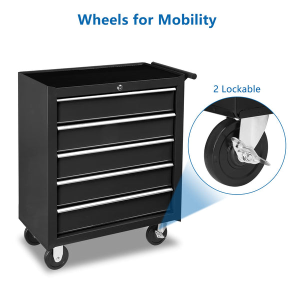 5-Drawer Rolling Tool Chest with Lockable Wheels & Top Cushion
