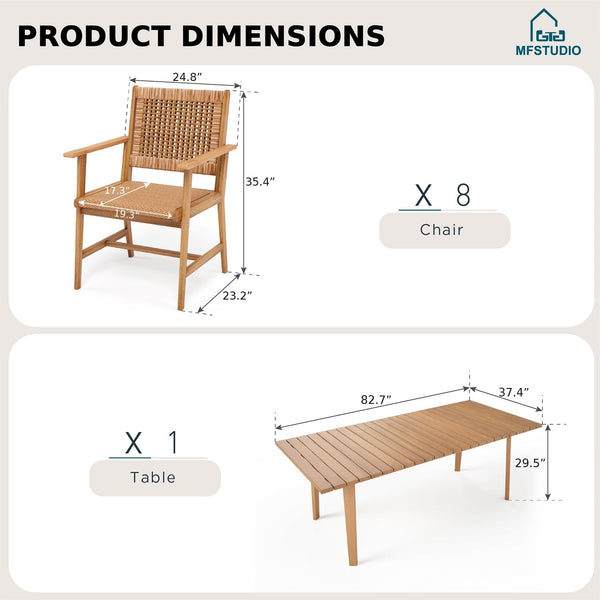 Outdoor Teak Wood Patio Dining Set with Rattan Chairs