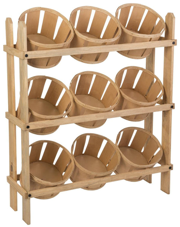 9-Bin Tiered Wooden Basket Display Stand – Oak