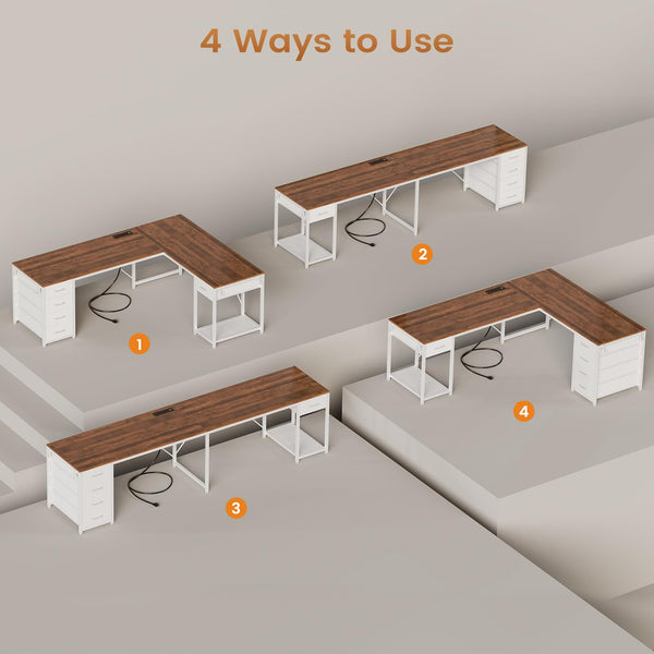 L-Shaped Desk with Drawers & Built-In Power Strip