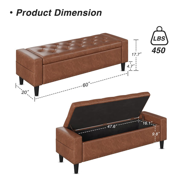 60" Upholstered Storage Ottoman Bench with Tufted Faux Leather & Nailhead Trim