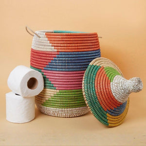 Handwoven Cylindrical Storage Basket with Lid