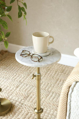 Adjustable Height Marble Round Side Table with Pedestal Base