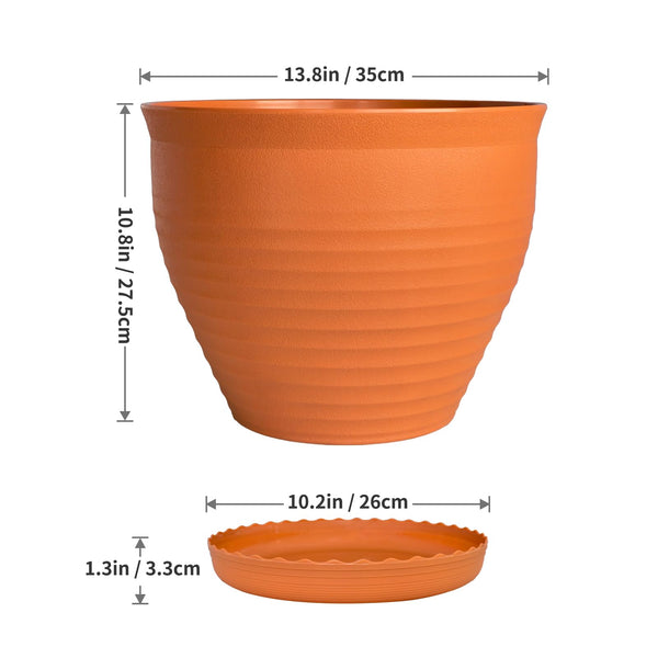 Large Round Plastic Planters with Drainage and Saucers – Set of 2
