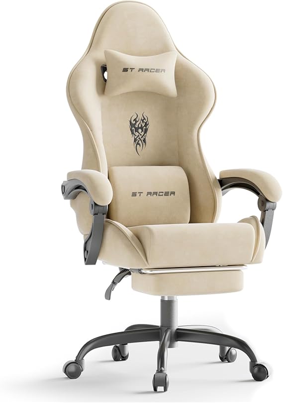Velvet Gaming Chair with Footrest & Massage Lumbar