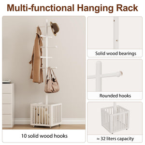 Freestanding Wood Coat Rack with 10 Hooks & Rolling Wheels