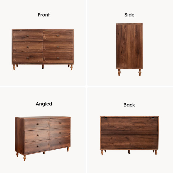 6 Drawer Mid-Century Dresser with Solid Wood Legs – 47" Wide Dark Walnut Chest