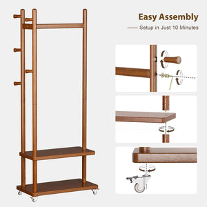 Solid Wood Coat Rack with Wheels, Storage Shelves & Hooks