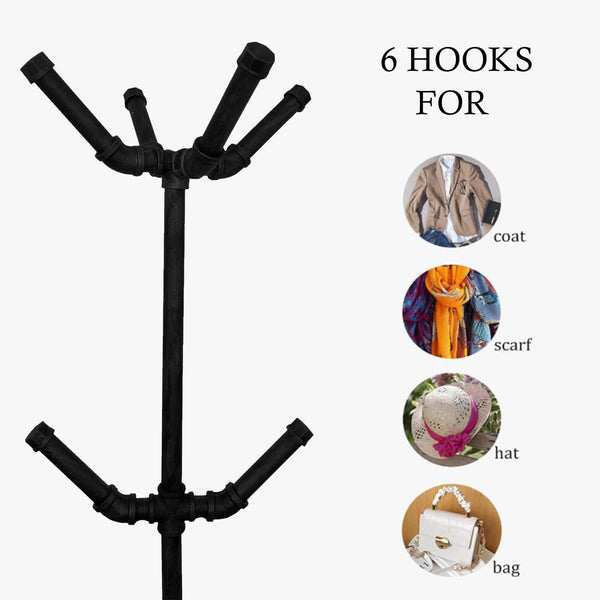 Industrial Metal Pipe Coat Rack with 6 Hooks