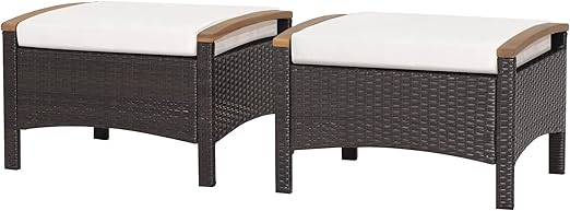 Outdoor Wicker Ottoman Set – 2 Piece Patio Rattan Footrest with Cushions