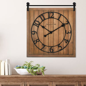 Farmhouse Barn Door Wall Clock – Shiplap Style, Silent, 3D Arabic Numerals, 23"H x 21"W