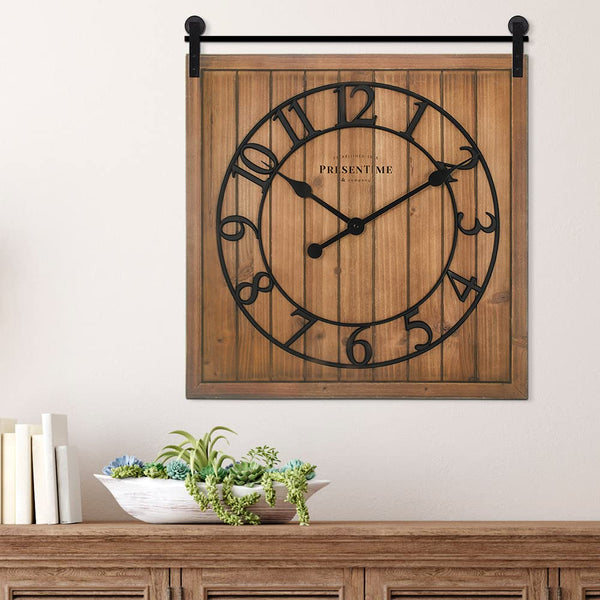 Farmhouse Barn Door Wall Clock – Shiplap Style, Silent, 3D Arabic Numerals, 23"H x 21"W