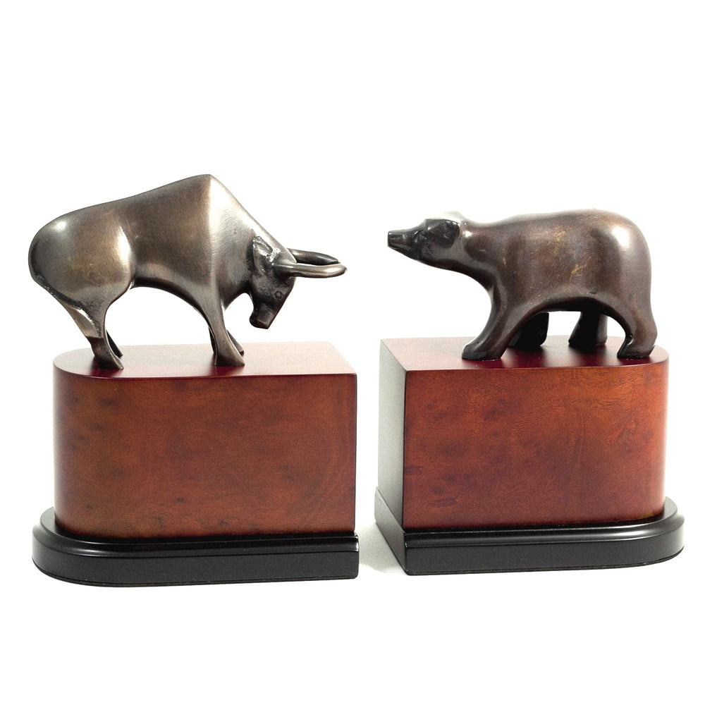 Bull & Bear Bookends — Cast Metal Bronzed Finish on Burl Wood Base