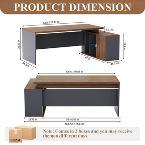 L-Shaped Executive Desk with Storage Cabinet & Open Shelves, 78.74"