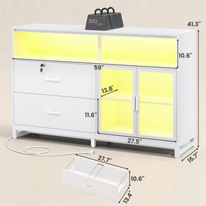 59" File Cabinet with 2 Lockable Drawers, Power Outlets & LED Lights