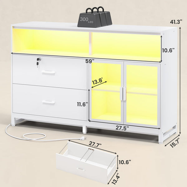 59" File Cabinet with 2 Lockable Drawers, Power Outlets & LED Lights