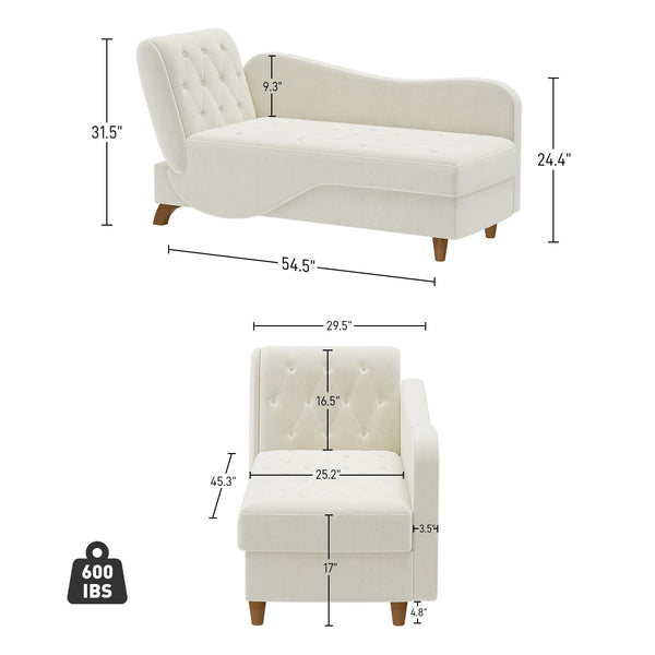Velvet Chaise Lounge Chair with Storage & Adjustable Backrest