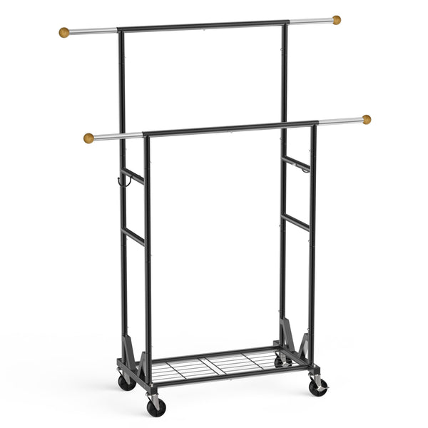 Rolling Garment Rack with Double Rod, Lockable Casters & Mesh Shelf