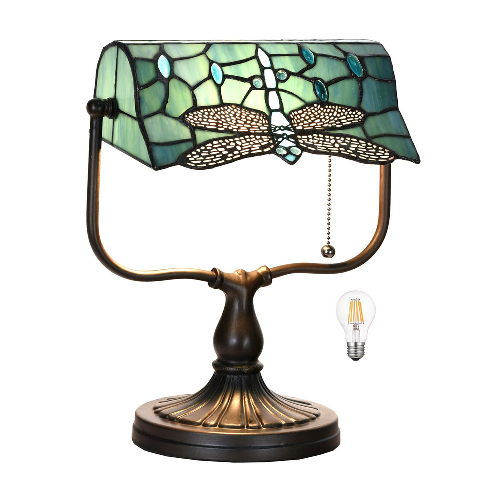 Dragonfly Tiffany Banker Desk Lamp – Stained Glass Green Shade