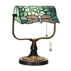 Dragonfly Tiffany Banker Desk Lamp – Stained Glass Green Shade