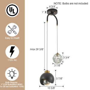 2-Light Crystal Pendant Light with Globe Metal Shade