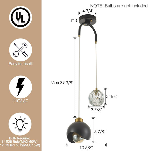 2-Light Crystal Pendant Light with Globe Metal Shade