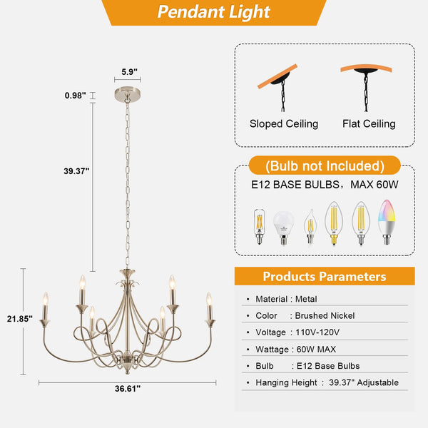 6-Light Modern Candle Chandelier – Brushed Nickel, Black & Brass