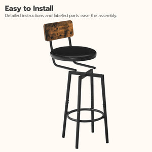 Bar Stools Set of 2, 26" Counter Height with PU Cushion, Footrest & Back
