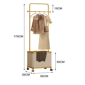 Gold Metal Garment Rack with Storage Basket & Rolling Wheels