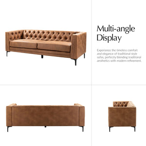 84" Faux Leather Button-Tufted 3-Seater Sofa with Metal Legs
