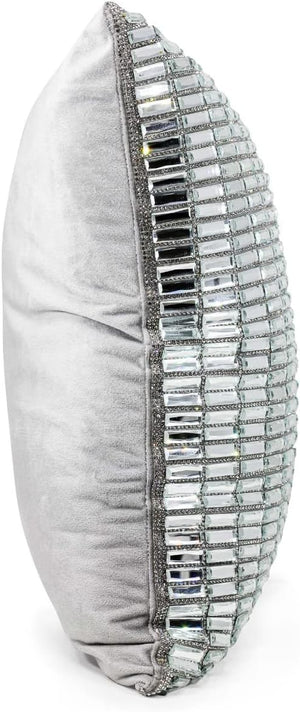 Silver Velvet Throw Pillow with Glass Rhinestones 16x16
