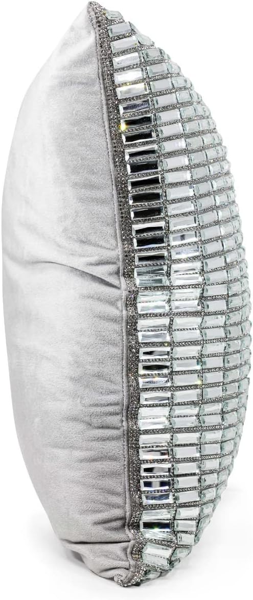 Silver Velvet Throw Pillow with Glass Rhinestones 16x16