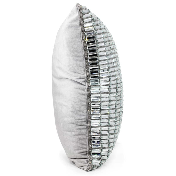 Silver Velvet Throw Pillow with Glass Rhinestones 16x16
