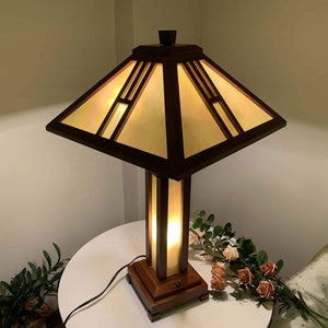 Mission Tiffany Stained Glass Table Lamp with Wooden Base