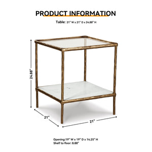 Glass Top Accent Table with Marble Shelf & Metal Frame