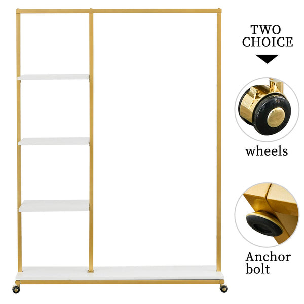 Gold Clothes Racks with 4-Tier Wood Shelves, Modern Freestanding Gold Clothing Racks for Hanging Clothes Display Racks,Rolling Clothing Racks for Boutique, Cloth Store
